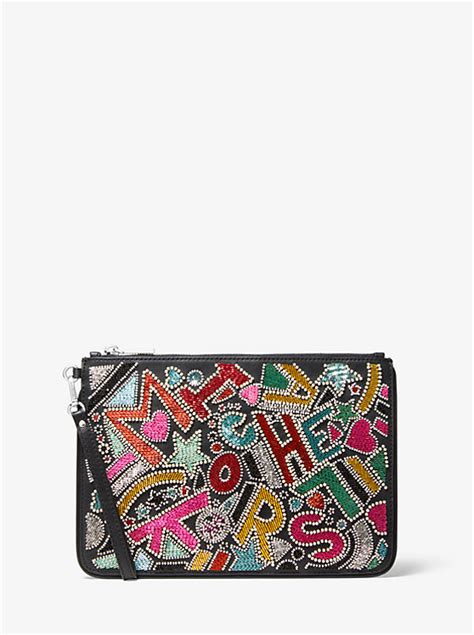 michael kors large party bead leather zip pouch|Michael Michael Kors Signature Jet Set Large Zip Pouch .